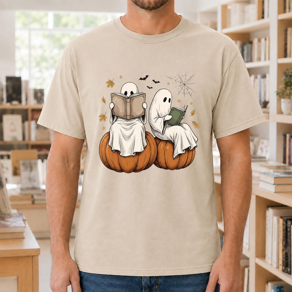 Small Ghosts Reading on Pumpkins Printed T-Shirt | Spooky Book Lover Gift Sand