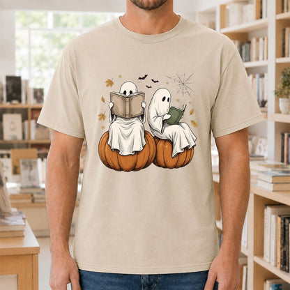 Small Ghosts Reading on Pumpkins Printed T-Shirt | Spooky Book Lover Gift Sand