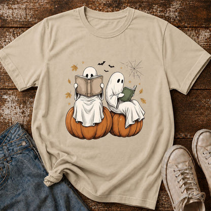 Small Ghosts Reading on Pumpkins Printed T-Shirt | Spooky Book Lover Gift Sand