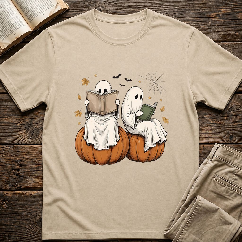 Small Ghosts Reading on Pumpkins Printed T-Shirt | Spooky Book Lover Gift Sand