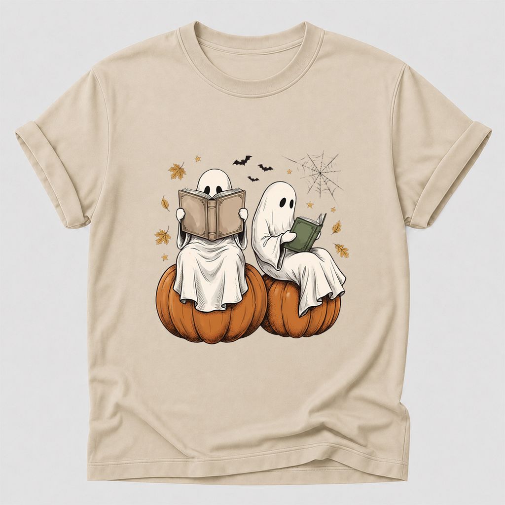Small Ghosts Reading on Pumpkins Printed T-Shirt | Spooky Book Lover Gift Sand