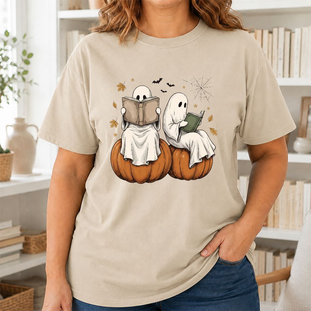 Small Ghosts Reading on Pumpkins Printed T-Shirt | Spooky Book Lover Gift Sand