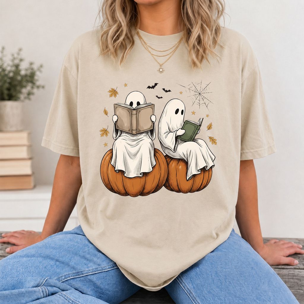 Small Ghosts Reading on Pumpkins Printed T-Shirt | Spooky Book Lover Gift Sand