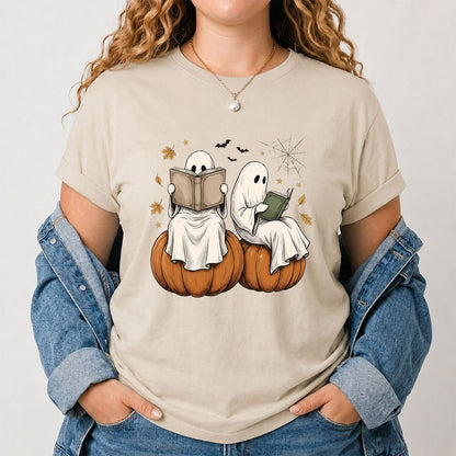 Small Ghosts Reading on Pumpkins Printed T-Shirt | Spooky Book Lover Gift Sand