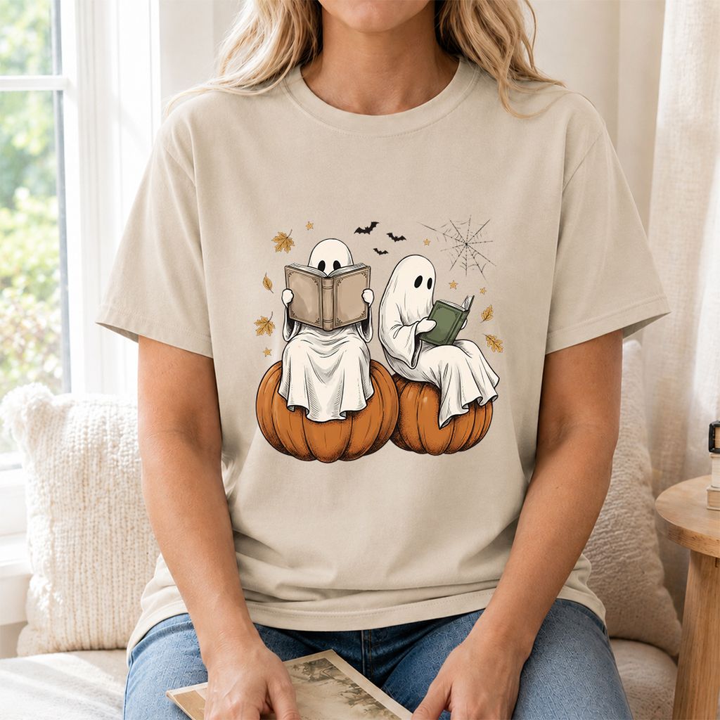 Small Ghosts Reading on Pumpkins Printed T-Shirt | Spooky Book Lover Gift Sand