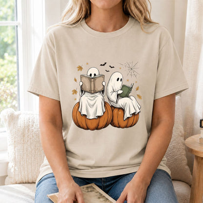 Small Ghosts Reading on Pumpkins Printed T-Shirt | Spooky Book Lover Gift Sand
