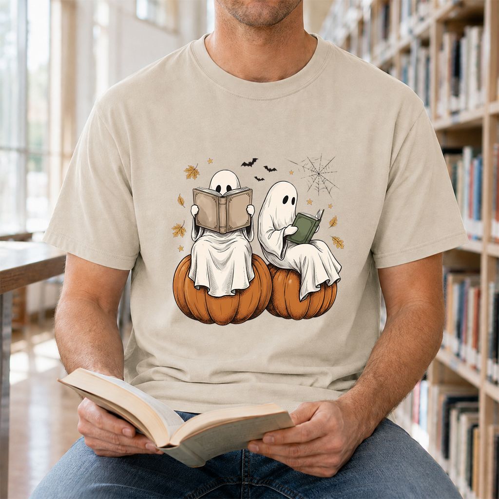 Small Ghosts Reading on Pumpkins Printed T-Shirt | Spooky Book Lover Gift Sand