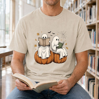 Small Ghosts Reading on Pumpkins Printed T-Shirt | Spooky Book Lover Gift Sand