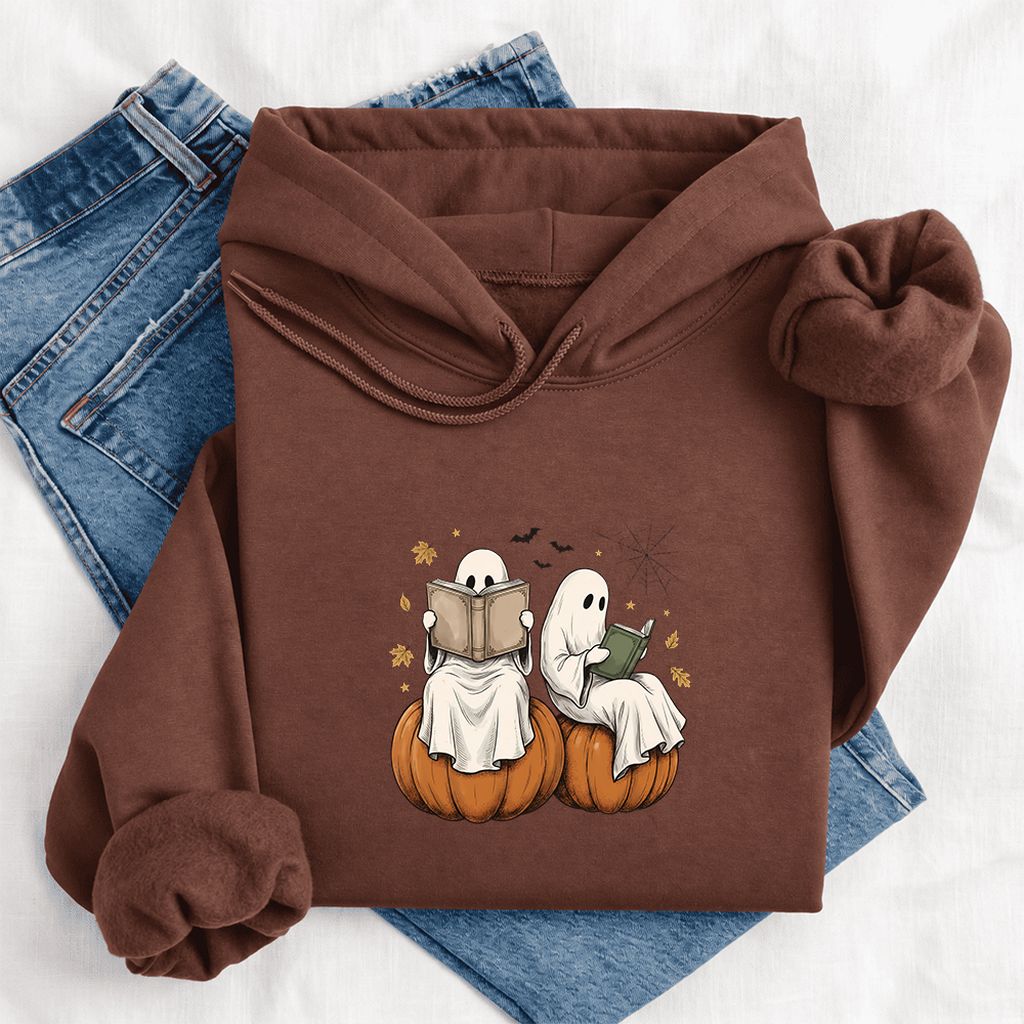 Small Ghosts Reading on Pumpkins Softstyle Hoodie | Spooky Book Lover Gift Cocoa