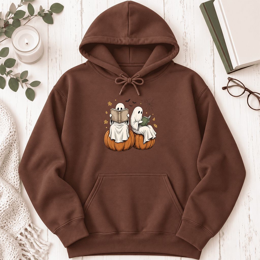 Small Ghosts Reading on Pumpkins Softstyle Hoodie | Spooky Book Lover Gift Cocoa