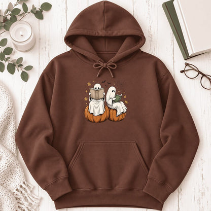Small Ghosts Reading on Pumpkins Softstyle Hoodie | Spooky Book Lover Gift Cocoa