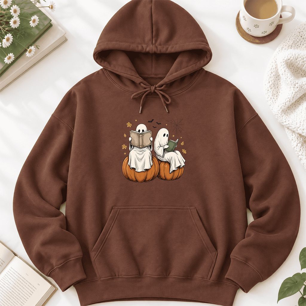 Small Ghosts Reading on Pumpkins Softstyle Hoodie | Spooky Book Lover Gift Cocoa