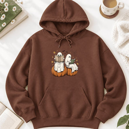 Small Ghosts Reading on Pumpkins Softstyle Hoodie | Spooky Book Lover Gift Cocoa