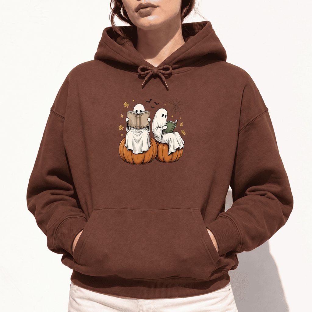 Small Ghosts Reading on Pumpkins Softstyle Hoodie | Spooky Book Lover Gift Cocoa