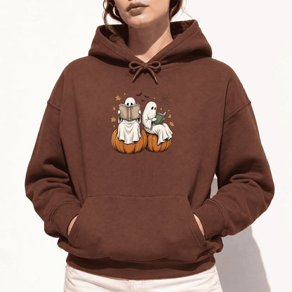 Small Ghosts Reading on Pumpkins Softstyle Hoodie | Spooky Book Lover Gift Cocoa