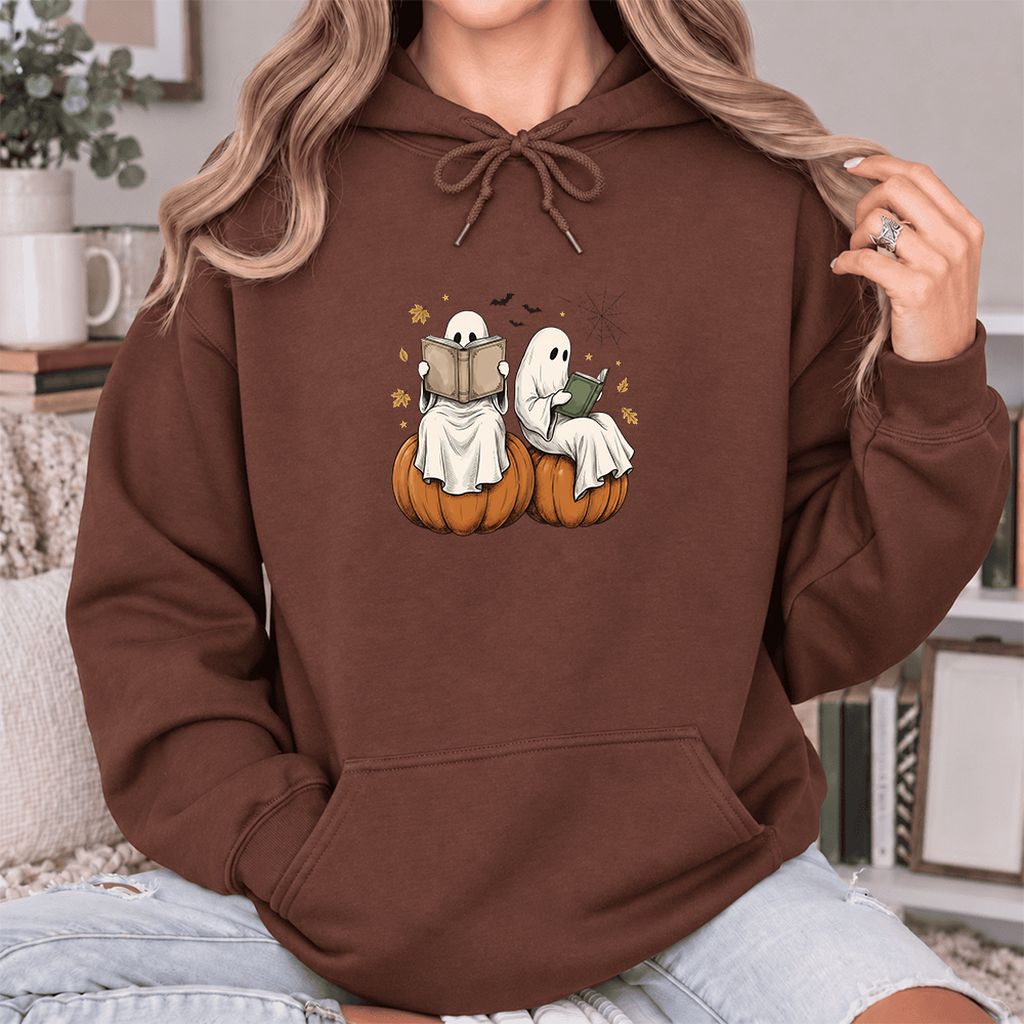 Small Ghosts Reading on Pumpkins Softstyle Hoodie | Spooky Book Lover Gift Cocoa