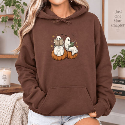Small Ghosts Reading on Pumpkins Softstyle Hoodie | Spooky Book Lover Gift Cocoa