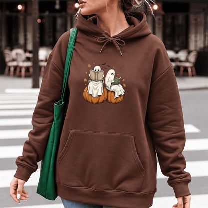 Small Ghosts Reading on Pumpkins Softstyle Hoodie | Spooky Book Lover Gift Cocoa