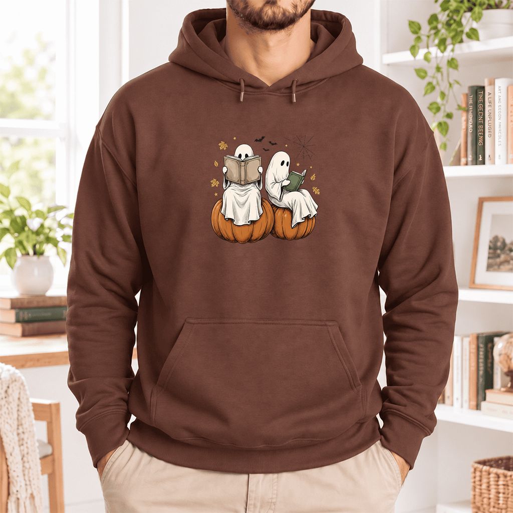 Small Ghosts Reading on Pumpkins Softstyle Hoodie | Spooky Book Lover Gift Cocoa