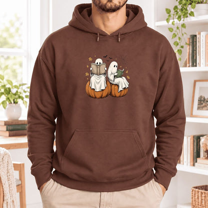 Small Ghosts Reading on Pumpkins Softstyle Hoodie | Spooky Book Lover Gift Cocoa