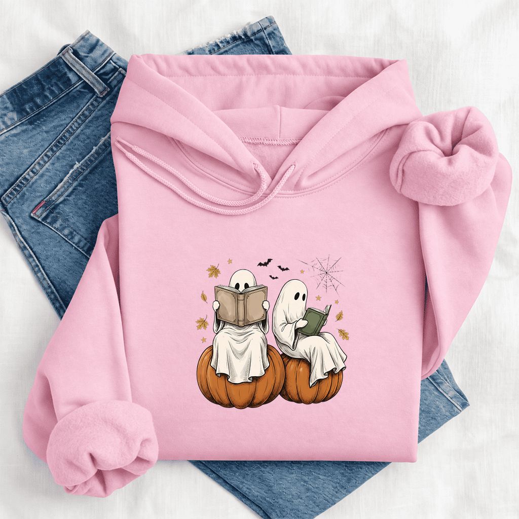 Small Ghosts Reading on Pumpkins Softstyle Hoodie | Spooky Book Lover Gift Light Pink