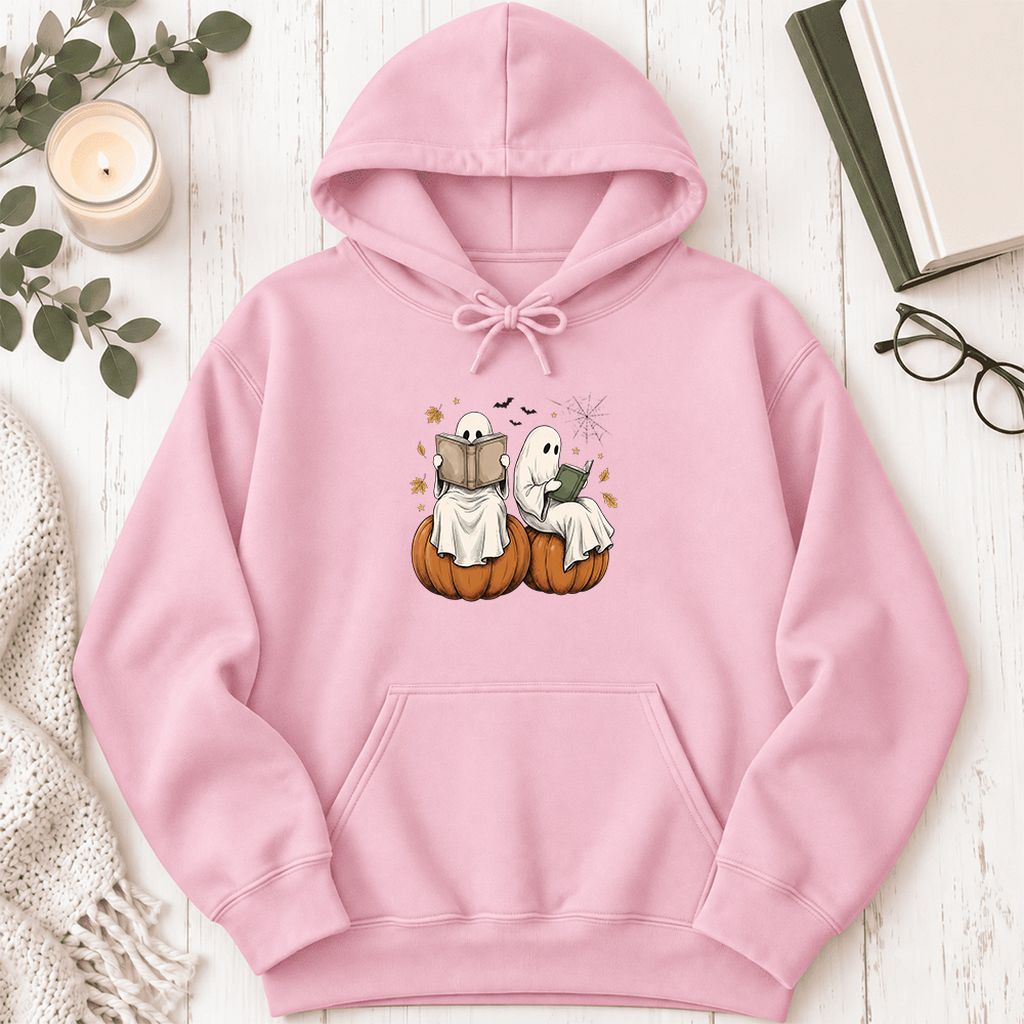 Small Ghosts Reading on Pumpkins Softstyle Hoodie | Spooky Book Lover Gift Light Pink