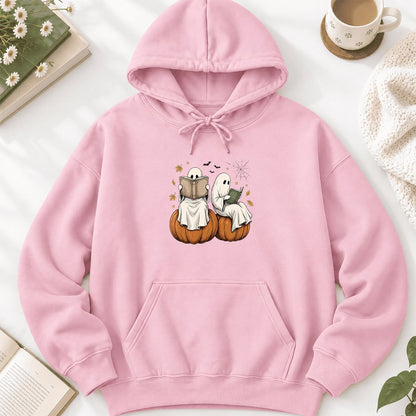 Small Ghosts Reading on Pumpkins Softstyle Hoodie | Spooky Book Lover Gift Light Pink