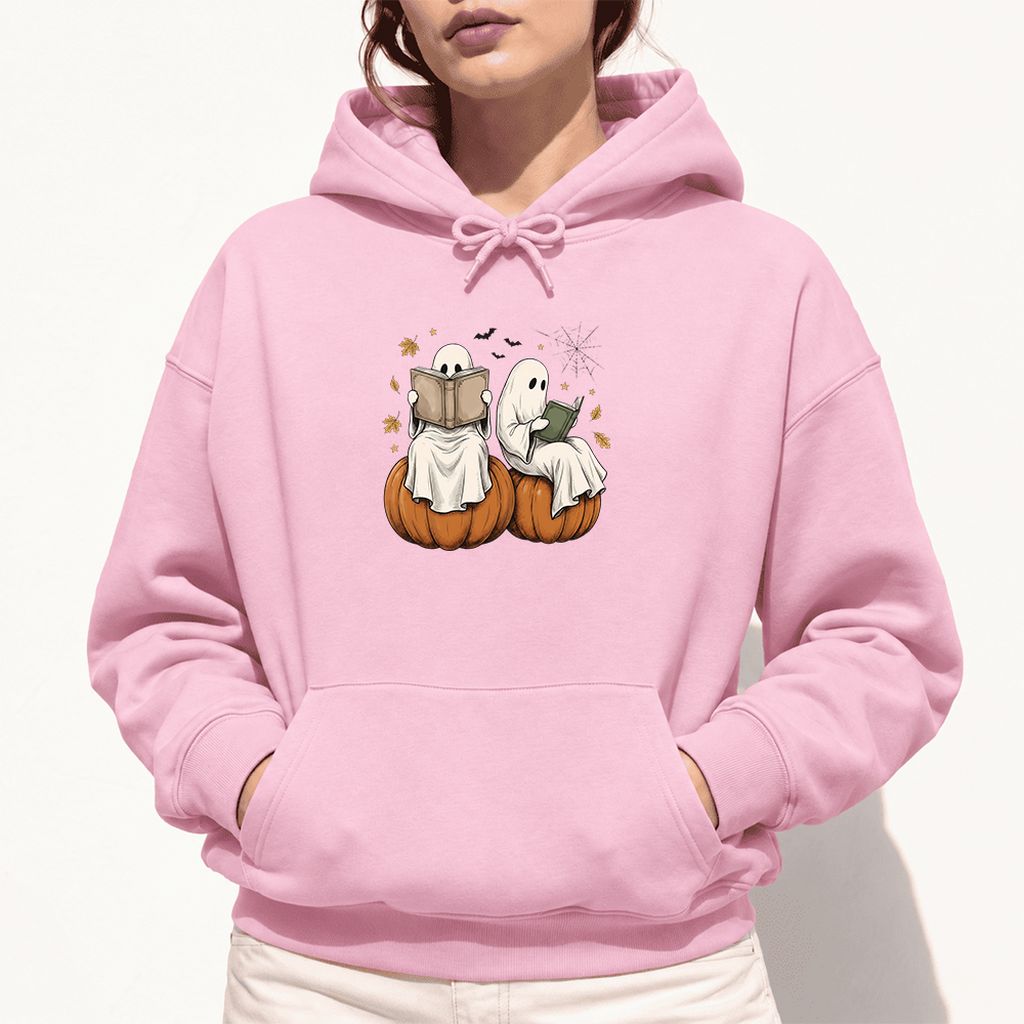 Small Ghosts Reading on Pumpkins Softstyle Hoodie | Spooky Book Lover Gift Light Pink