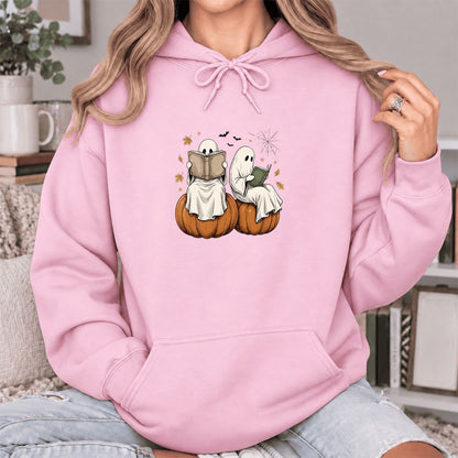 Small Ghosts Reading on Pumpkins Softstyle Hoodie | Spooky Book Lover Gift Light Pink