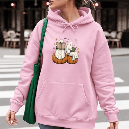 Small Ghosts Reading on Pumpkins Softstyle Hoodie | Spooky Book Lover Gift Light Pink