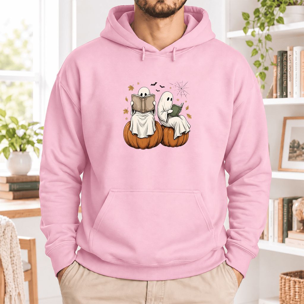 Small Ghosts Reading on Pumpkins Softstyle Hoodie | Spooky Book Lover Gift Light Pink
