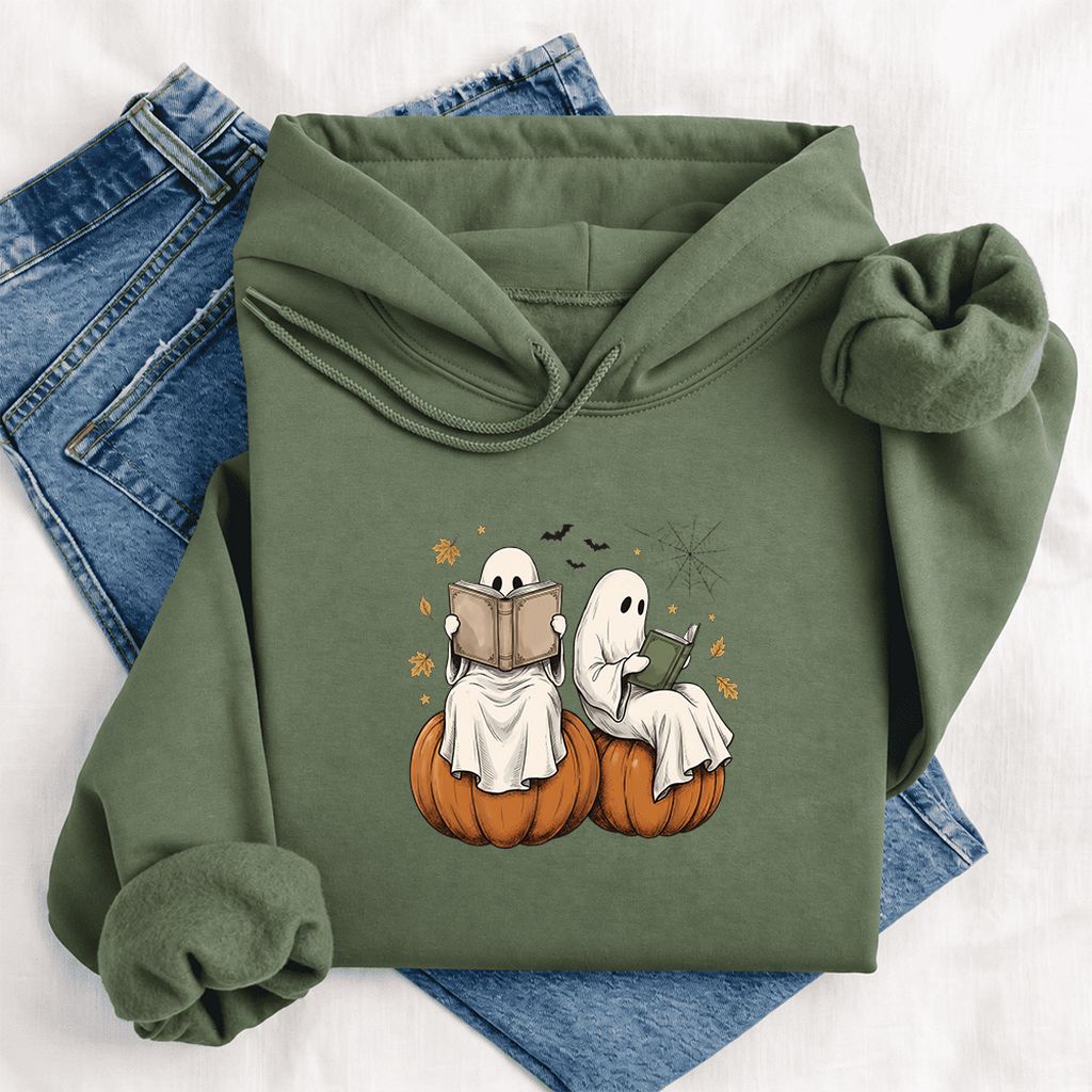 Small Ghosts Reading on Pumpkins Softstyle Hoodie | Spooky Book Lover Gift Military Green