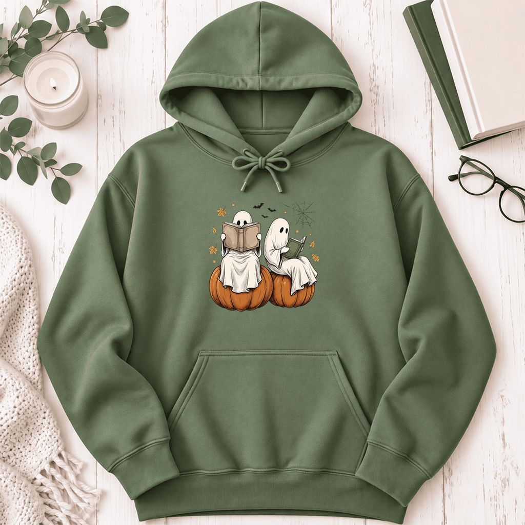 Small Ghosts Reading on Pumpkins Softstyle Hoodie | Spooky Book Lover Gift Military Green