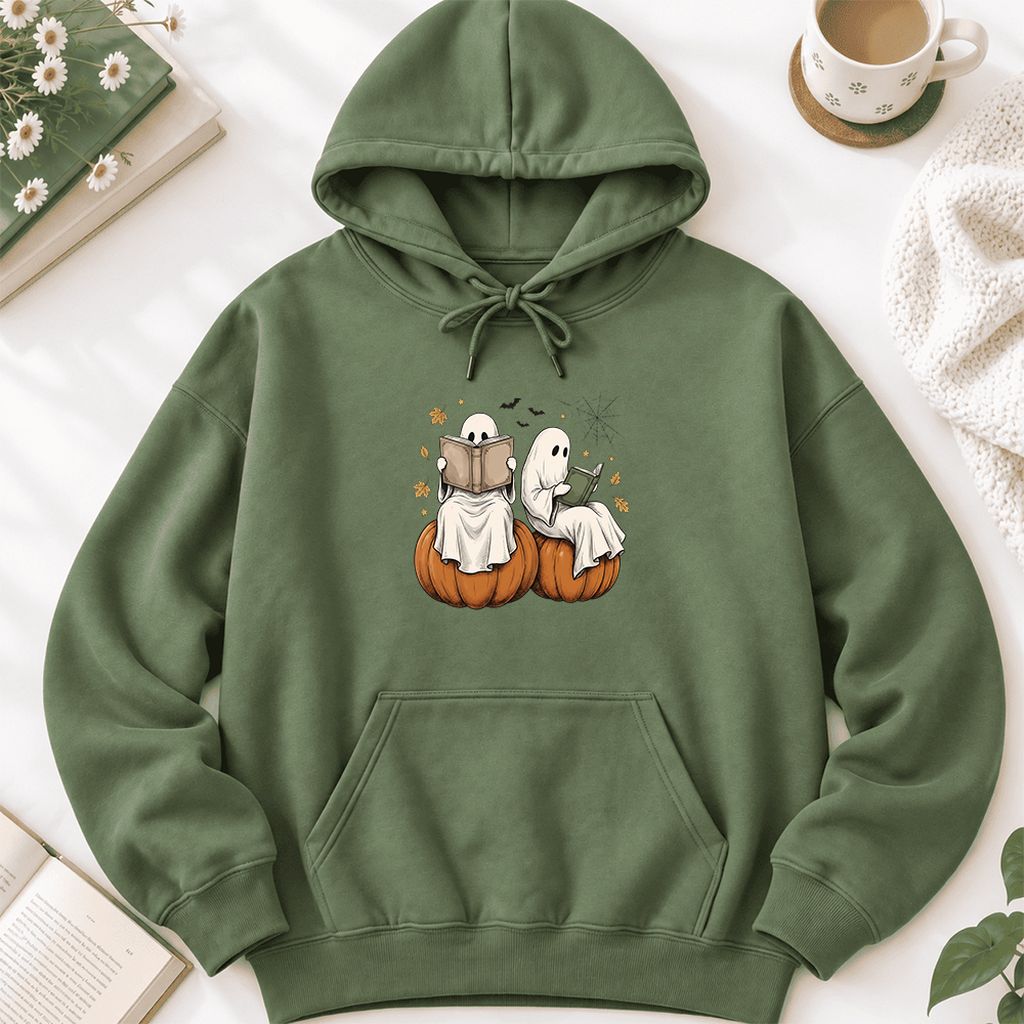 Small Ghosts Reading on Pumpkins Softstyle Hoodie | Spooky Book Lover Gift Military Green