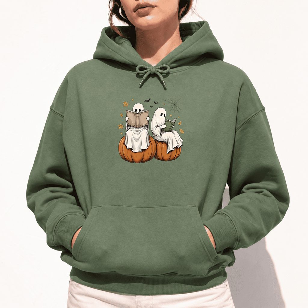 Small Ghosts Reading on Pumpkins Softstyle Hoodie | Spooky Book Lover Gift Military Green
