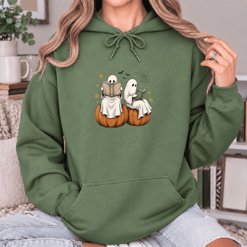 Small Ghosts Reading on Pumpkins Softstyle Hoodie | Spooky Book Lover Gift Military Green