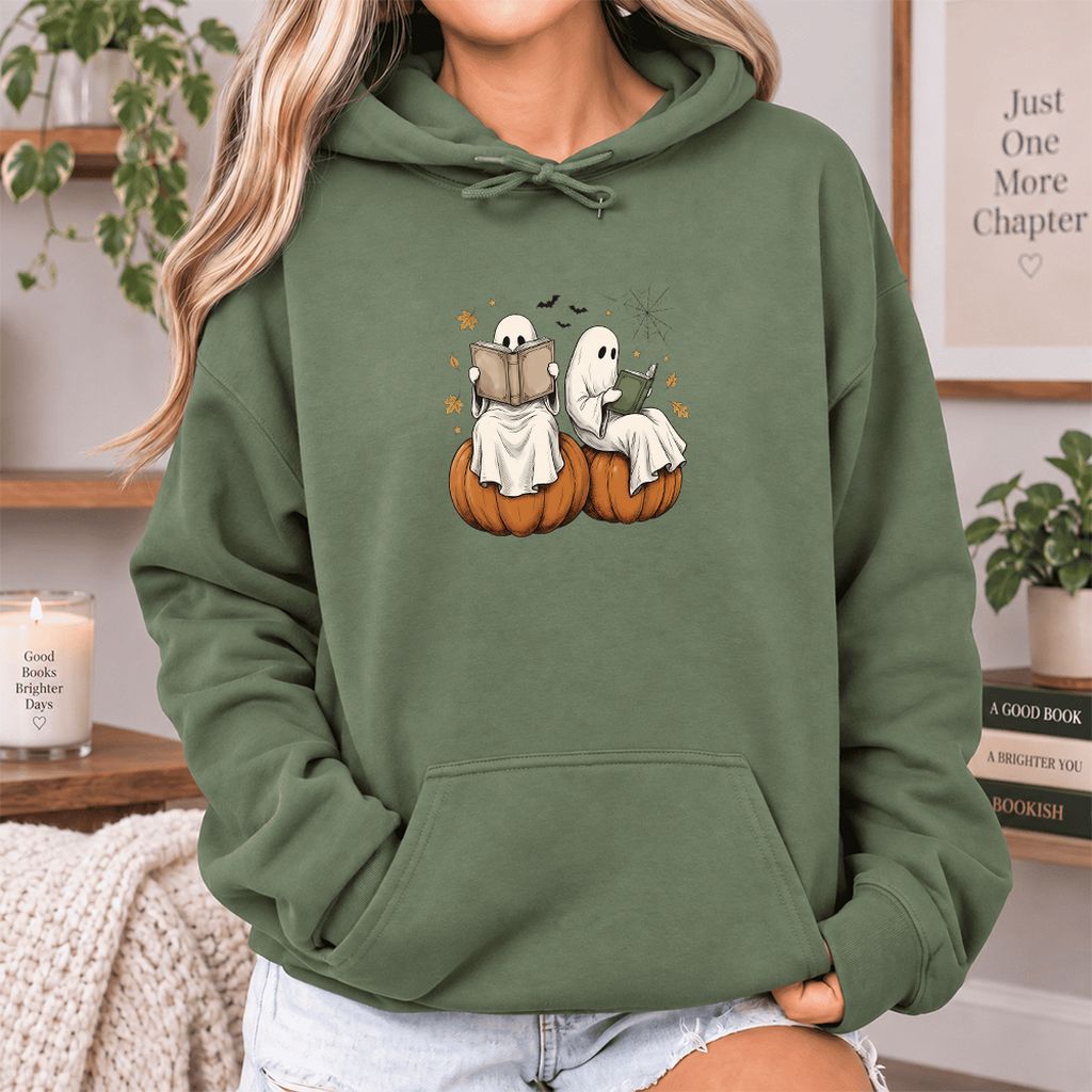Small Ghosts Reading on Pumpkins Softstyle Hoodie | Spooky Book Lover Gift Military Green