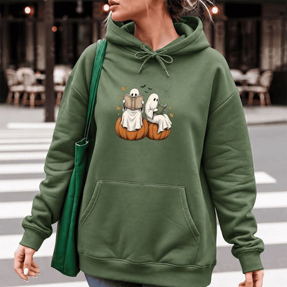 Small Ghosts Reading on Pumpkins Softstyle Hoodie | Spooky Book Lover Gift Military Green