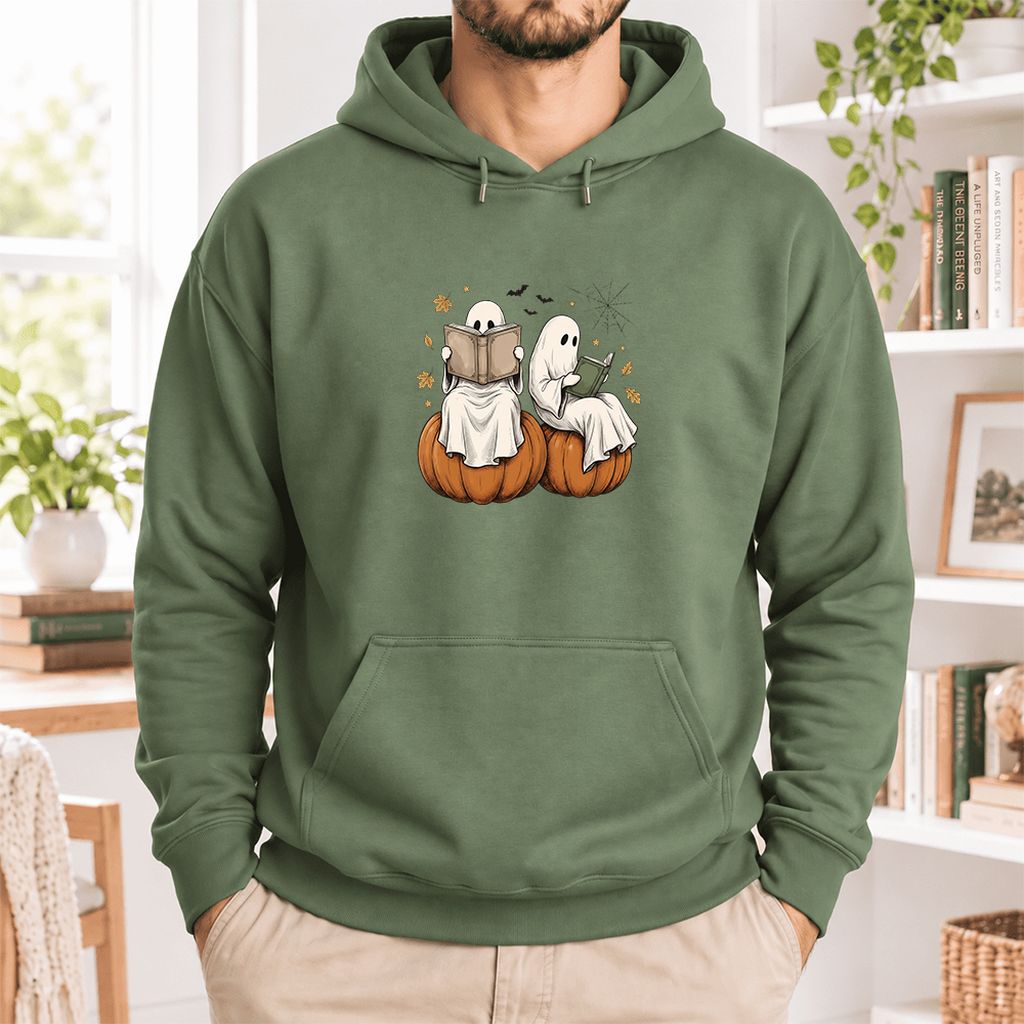 Small Ghosts Reading on Pumpkins Softstyle Hoodie | Spooky Book Lover Gift Military Green