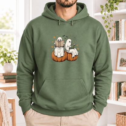 Small Ghosts Reading on Pumpkins Softstyle Hoodie | Spooky Book Lover Gift Military Green