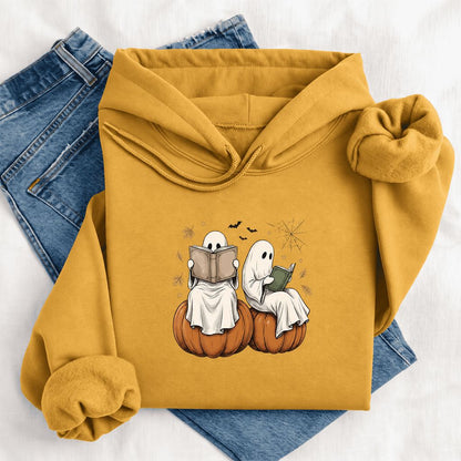 Small Ghosts Reading on Pumpkins Softstyle Hoodie | Spooky Book Lover Gift Mustard