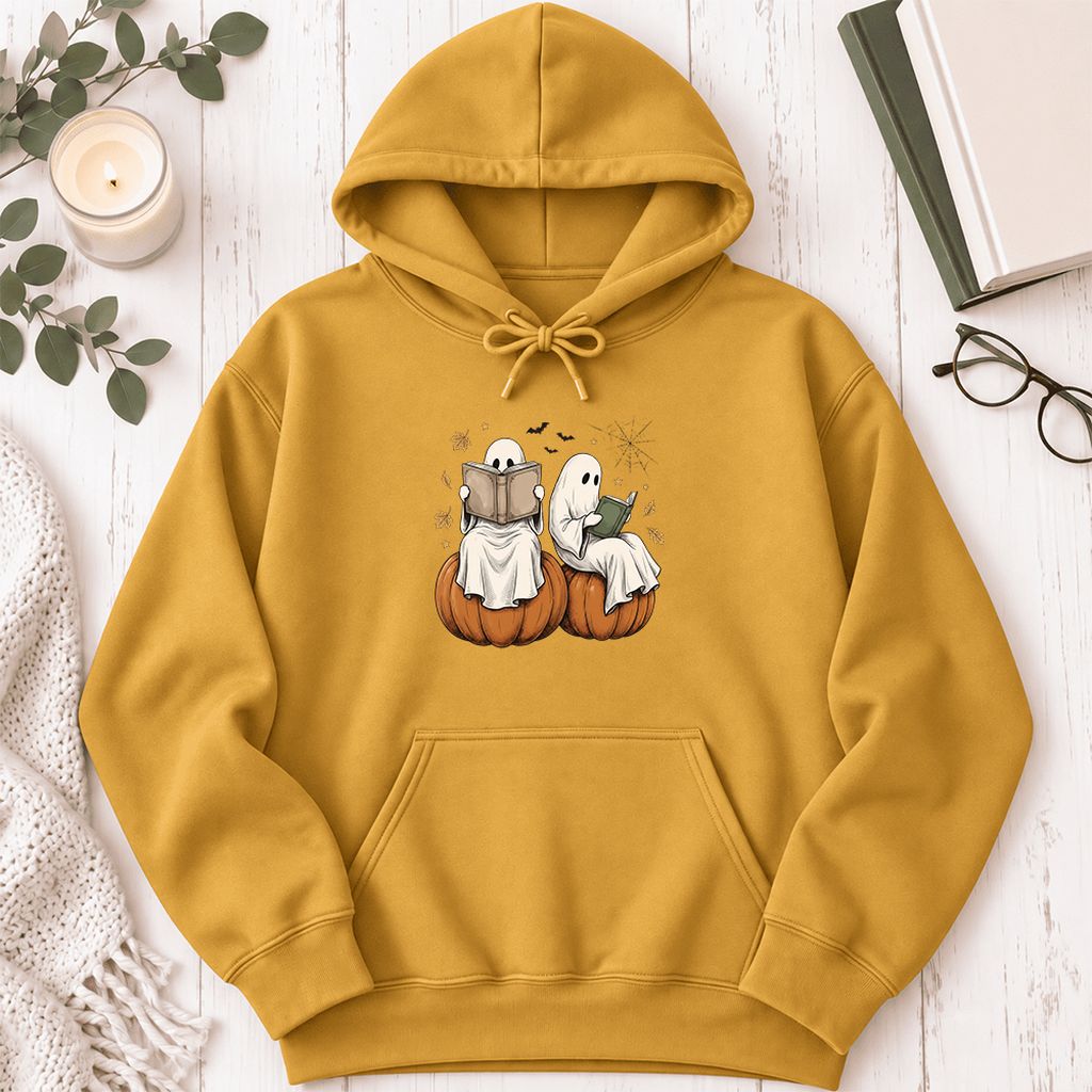 Small Ghosts Reading on Pumpkins Softstyle Hoodie | Spooky Book Lover Gift Mustard