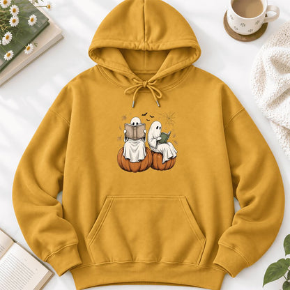 Small Ghosts Reading on Pumpkins Softstyle Hoodie | Spooky Book Lover Gift Mustard