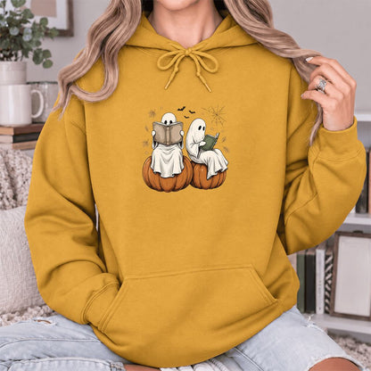 Small Ghosts Reading on Pumpkins Softstyle Hoodie | Spooky Book Lover Gift Mustard