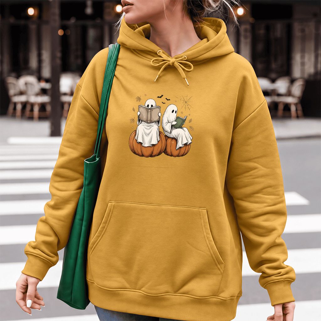 Small Ghosts Reading on Pumpkins Softstyle Hoodie | Spooky Book Lover Gift Mustard
