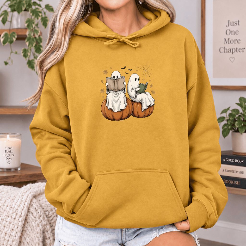 Small Ghosts Reading on Pumpkins Softstyle Hoodie | Spooky Book Lover Gift Mustard