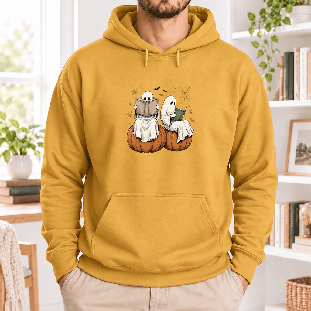 Small Ghosts Reading on Pumpkins Softstyle Hoodie | Spooky Book Lover Gift Mustard