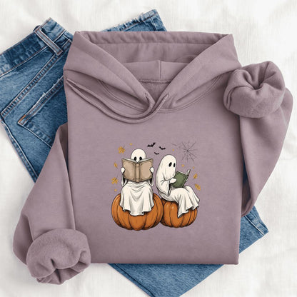 Small Ghosts Reading on Pumpkins Softstyle Hoodie | Spooky Book Lover Gift Paragon