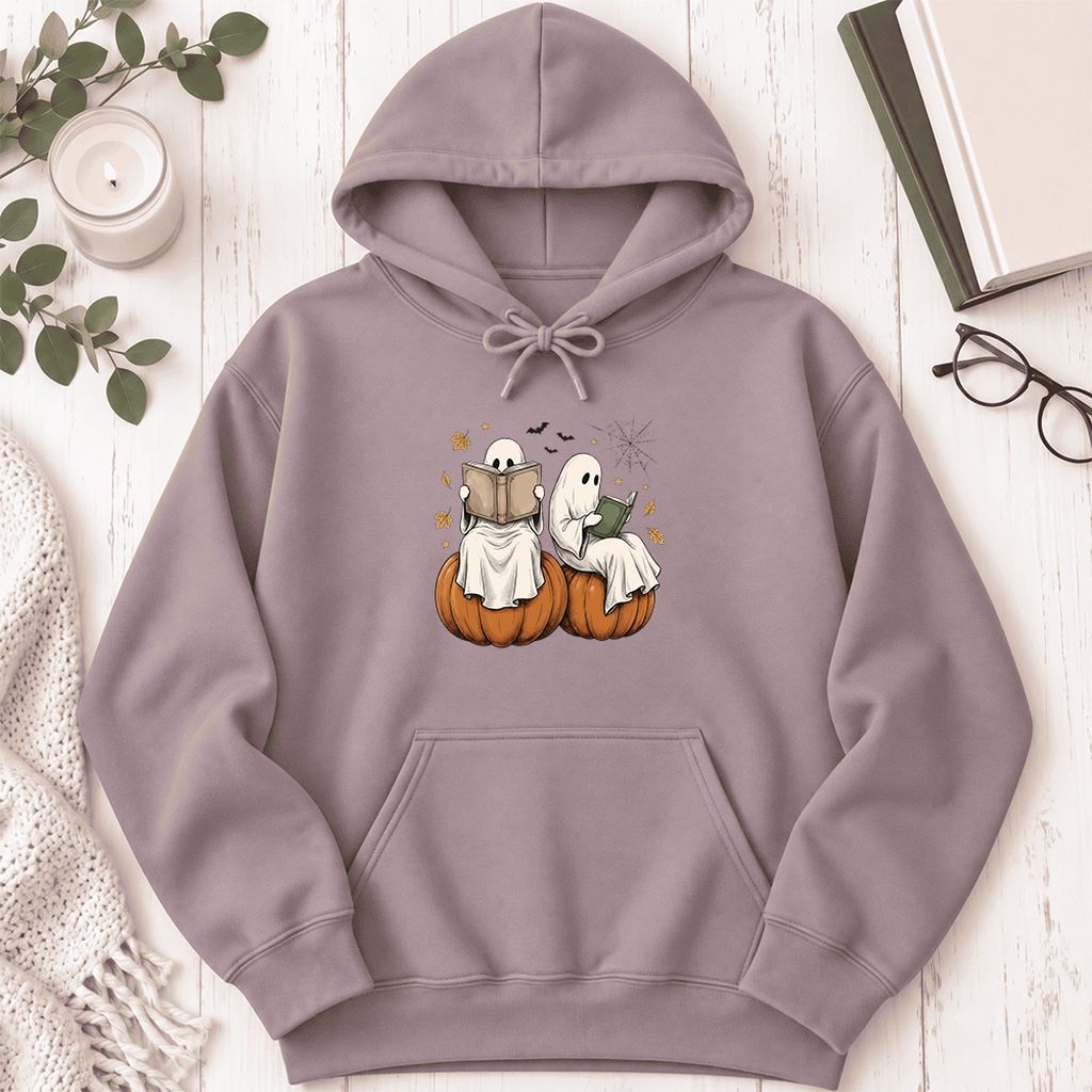 Small Ghosts Reading on Pumpkins Softstyle Hoodie | Spooky Book Lover Gift Paragon