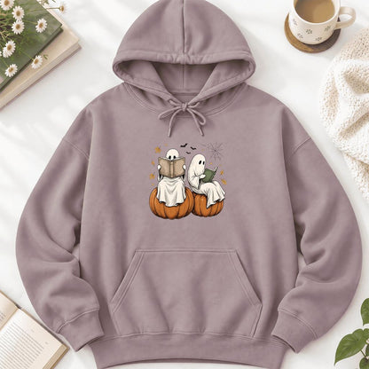 Small Ghosts Reading on Pumpkins Softstyle Hoodie | Spooky Book Lover Gift Paragon